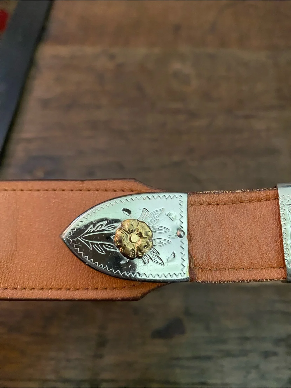 Vintage Brown Leather Western Belt with Silver & Gold Buckle 30
